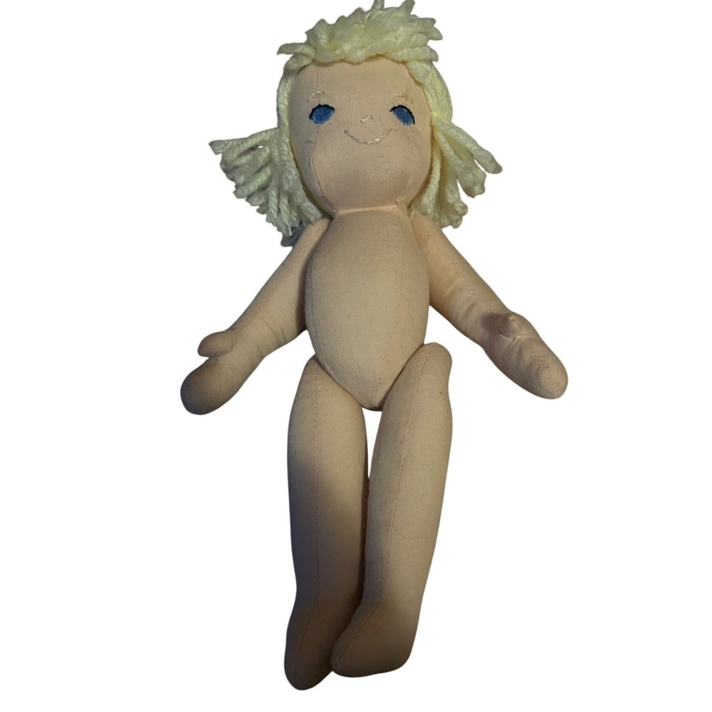 Vintage Cloth Doll Button Jointed Yellow Yarn Hair Blue Eyes